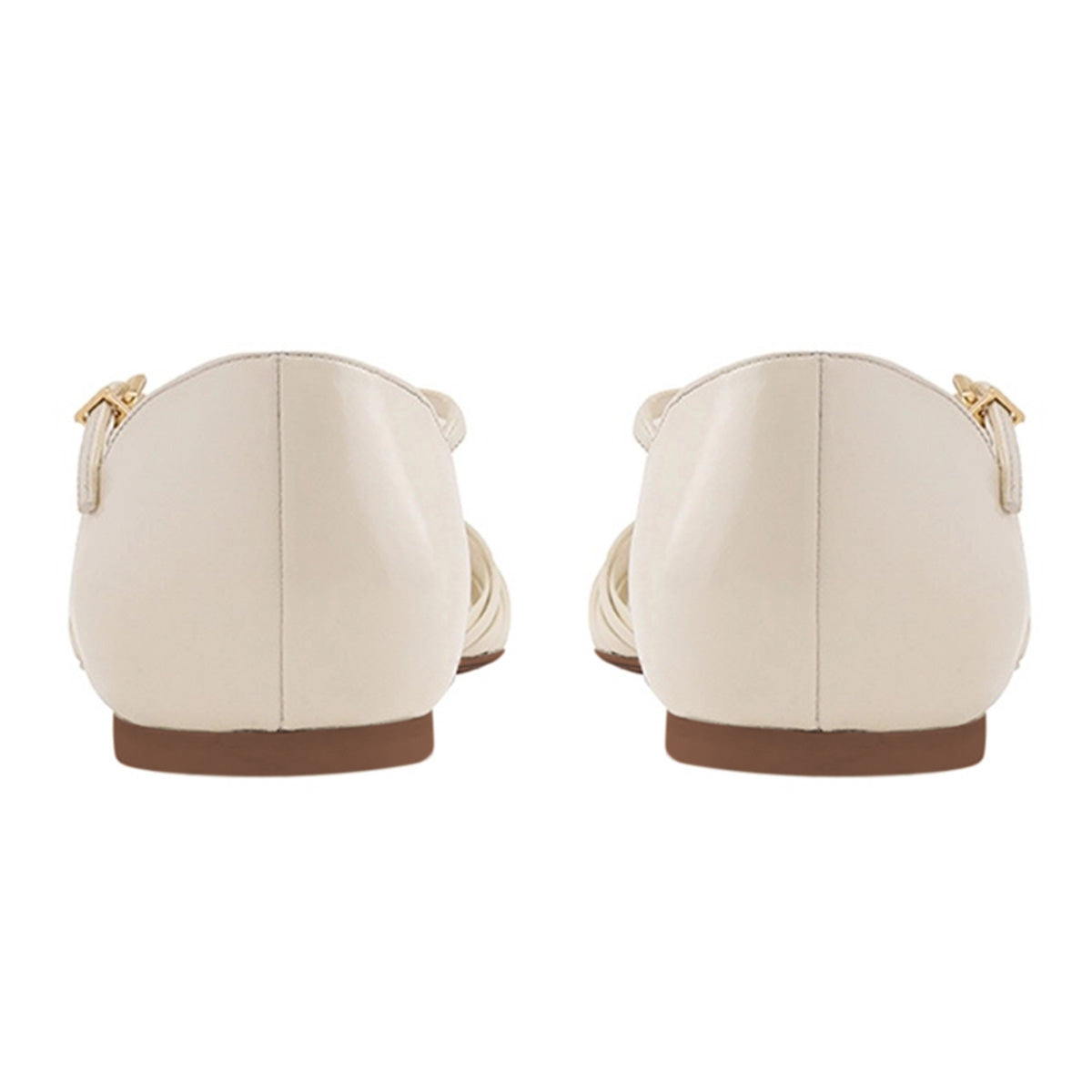 Ivory Woven T-Strap Cut-Out Round Toe Buckle Flat Shoes Women