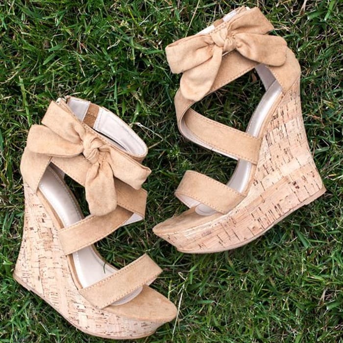 Khaki Vegan Suede Bowknot Platform Strappy Sandals with Wedges