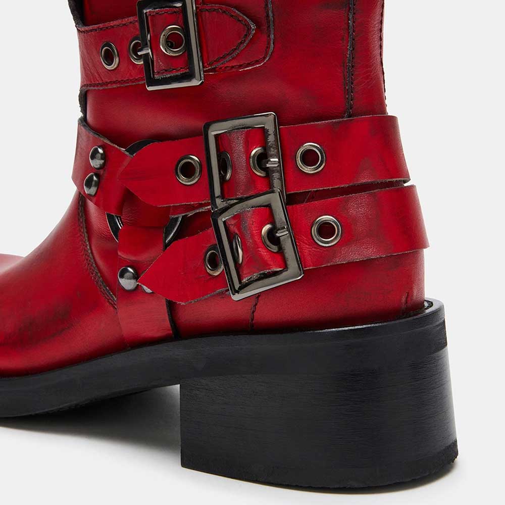 Maroon Distressed Round Toe Chunky Heel Buckled Knee High Boots