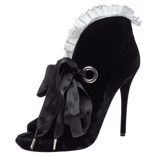 Black Velvet Stiletto Heel Lace Up Open Toe Boots with White Ruffle