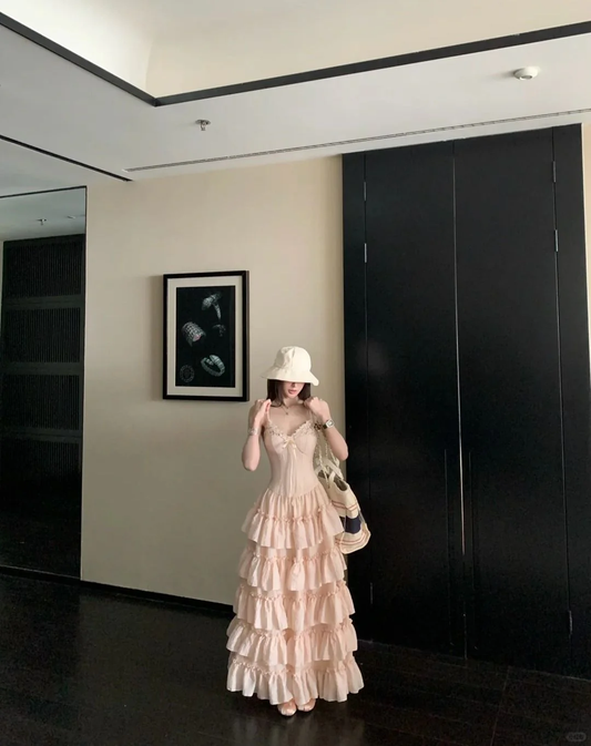 A Line Spaghetti Straps Satin Tiered Chiffon Long Prom Dress, Evening Dress cg26186