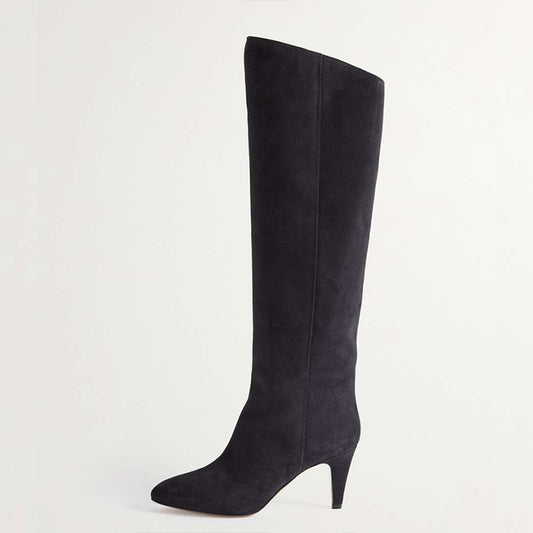 Black Closed-Toe Cone Heels Vintage Vegan Suede Knee High Boots
