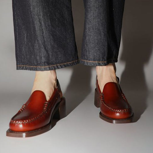 Brown Closed Toe Slingback Loafers With Low Chunky Heels