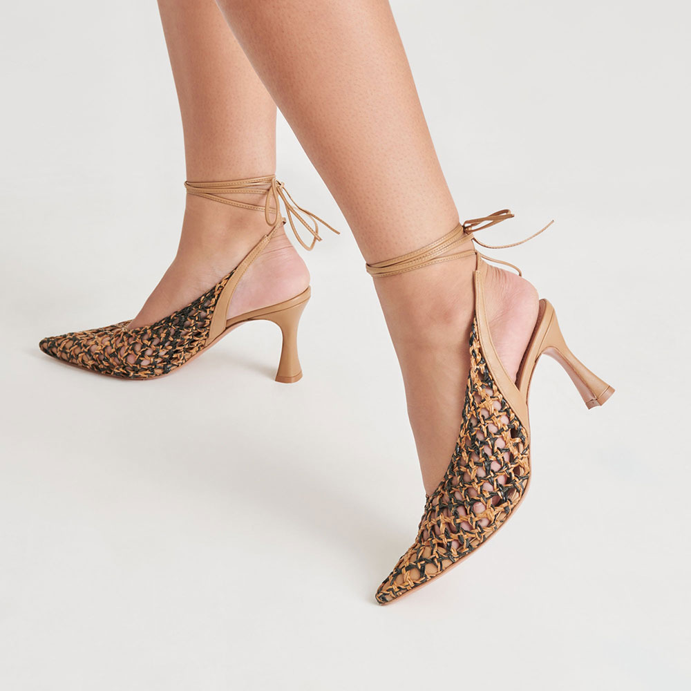 Chic Black & Nude Woven Pointed Toe Lace-Up Flared Heel Sandals