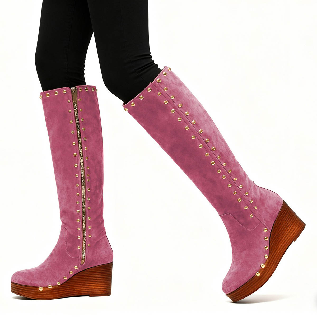 Pink Vegan Suede Studded Platform Wedge Heel Knee High Boots