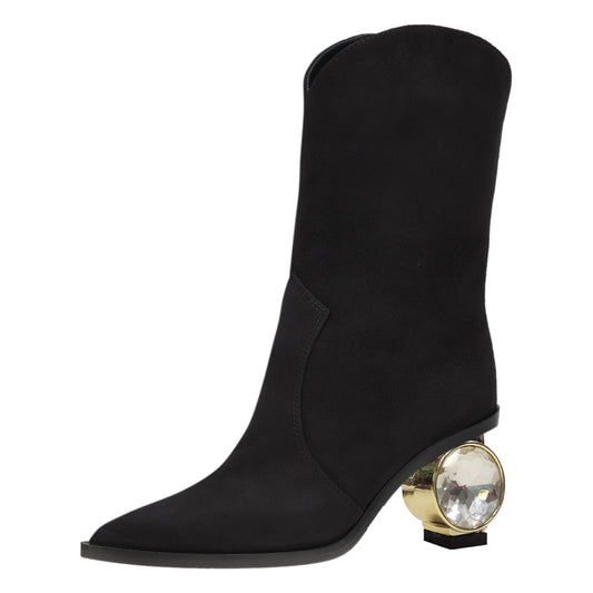 Black Faux Suede Closed Toe Decorative Heel Ankle Boots