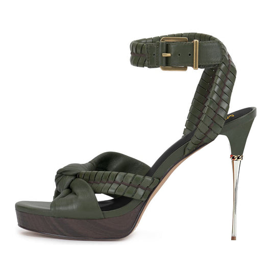 Olive Round-Toe Stiletto Heel Buckled Strappy Woven Platform Sandals