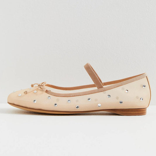 Beige Mesh Round Toe Shiny Mary Jane Ballet Flats