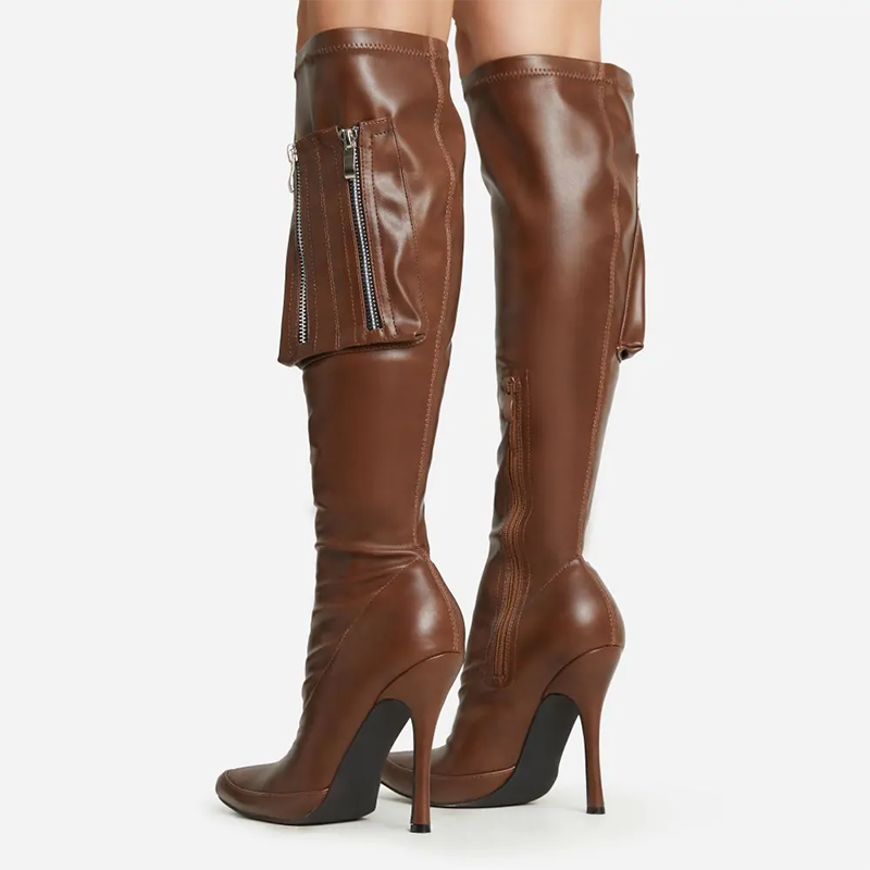 Brown Stiletto Heel Vintage Pointed Toe Zipper Knee High Boots