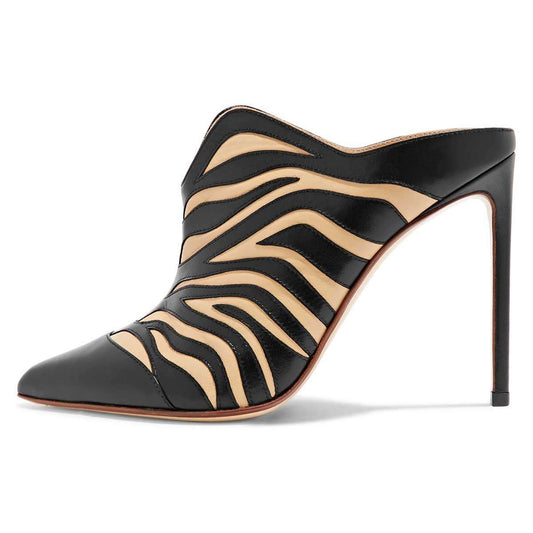 Women's Black and Nude Animal Print Pointed Toe Mule Heels