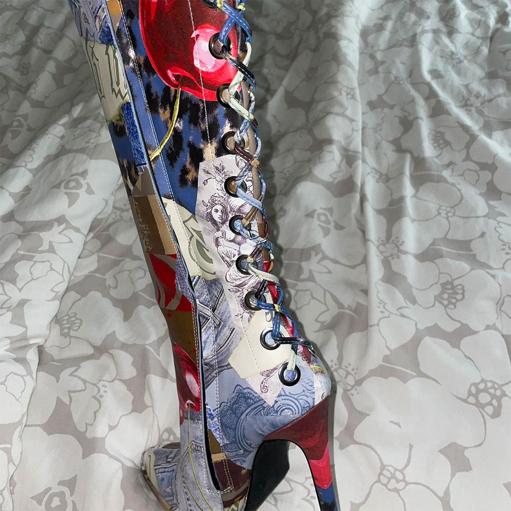 Multicolor Printing Pointed Toe Back Lace-Up Knee High Boots