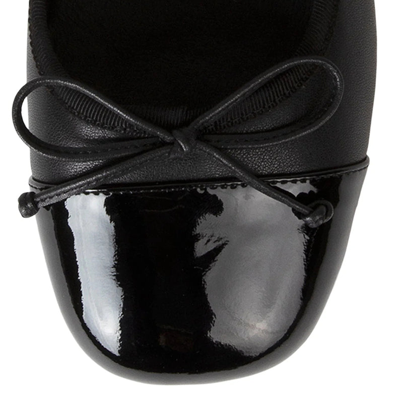 Black Square Toe Grommet Buckle Strap Ballet Flats with Bow