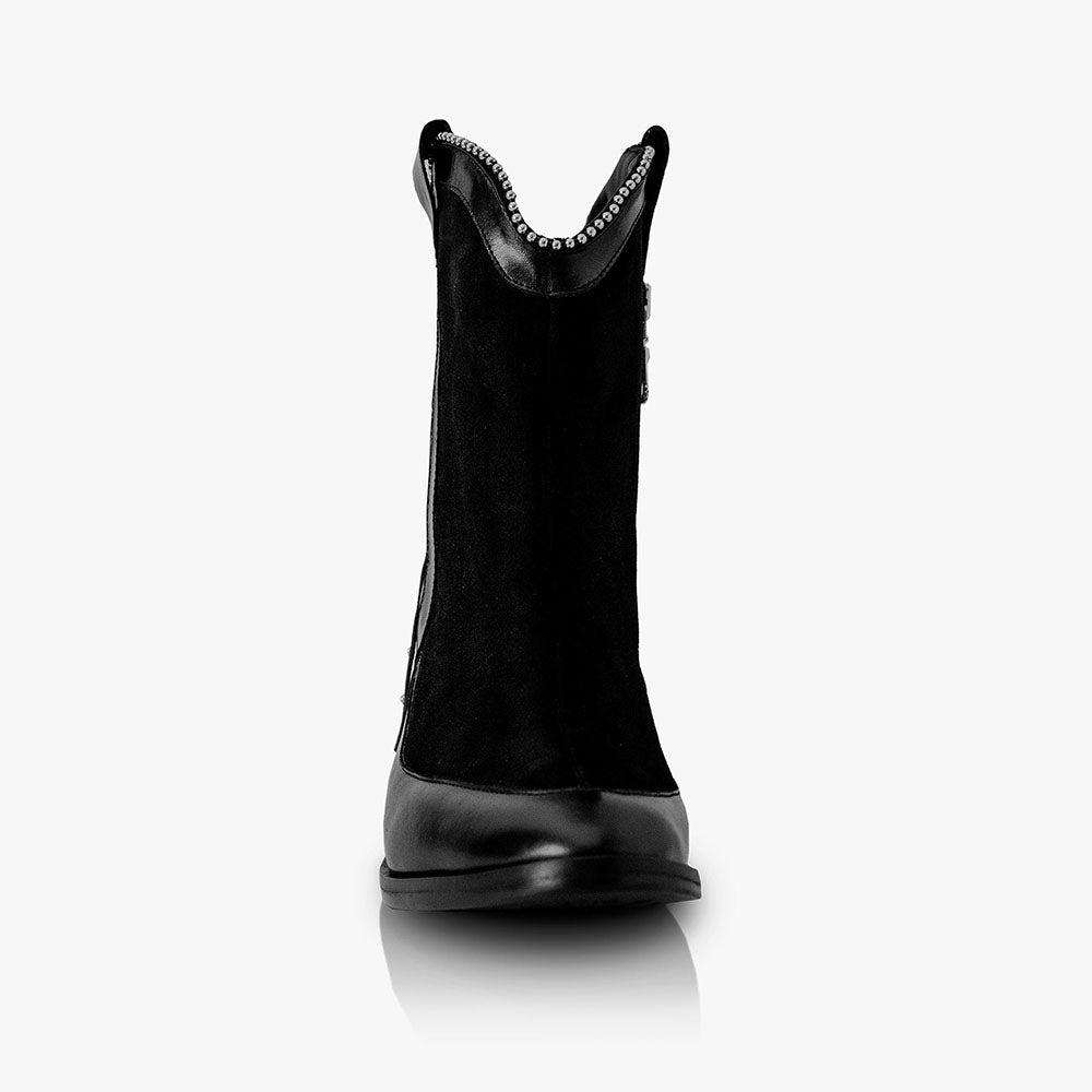 Black Pointed Toe Chunky Heel Side-Zipped Western Ankle Boots