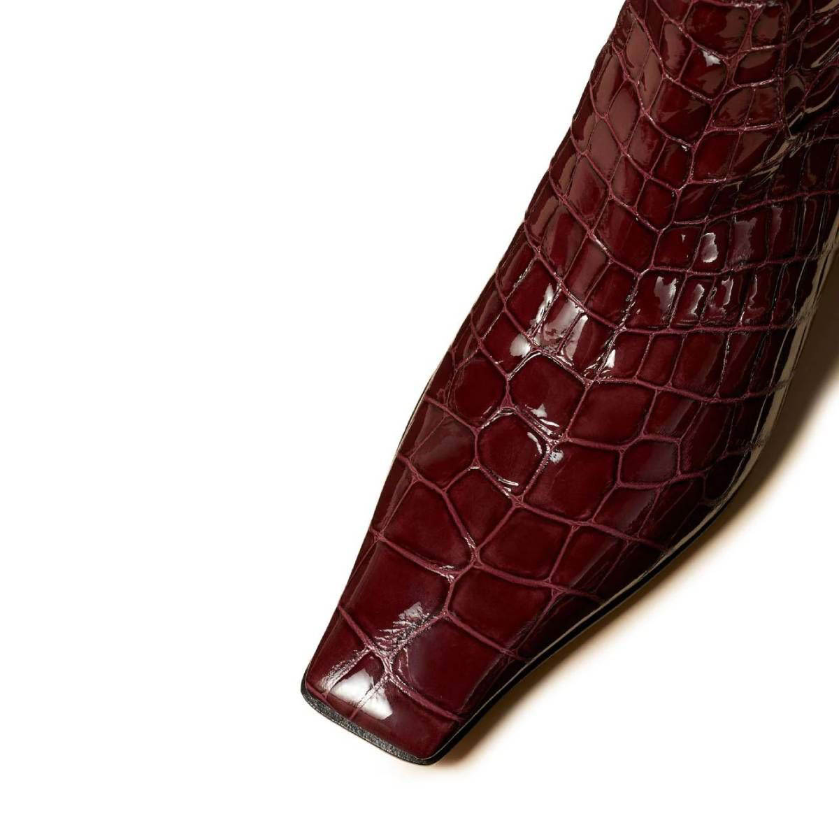 Maroon Crocodile Embossed Square Toe Chunky Heel Knee High Boots
