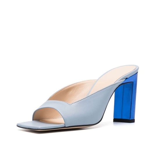 Women's Blue Square Toe Block Heel Mules Shoes