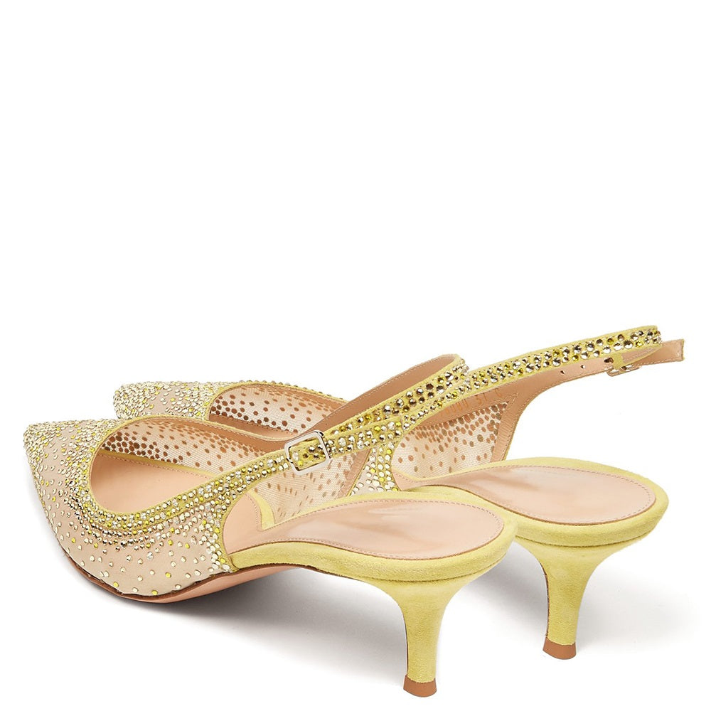 Yellow Vegan Suede & Mesh Rhinestone Kitten Heel Slingback Pumps