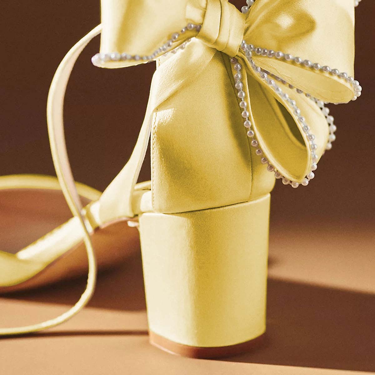 Yellow Satin Pearls Bow Pointed Toe Chunky Heel Buckle Pumps for Women