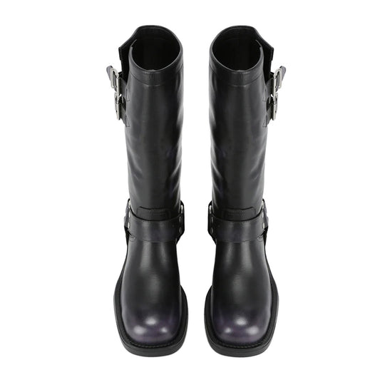 Black Buckle Strappy Square Toe Block Heel Mid Calf Boots for Women