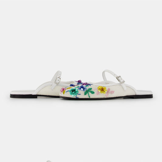 White Floral Mesh Closed Toe Beads & Sequins Embellished Flat Mules