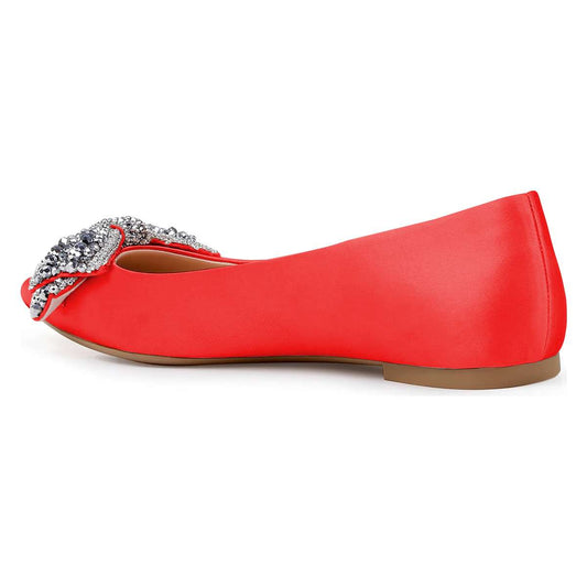 Red Satin Beaded Bow Pointed Toe Comfortable Flats