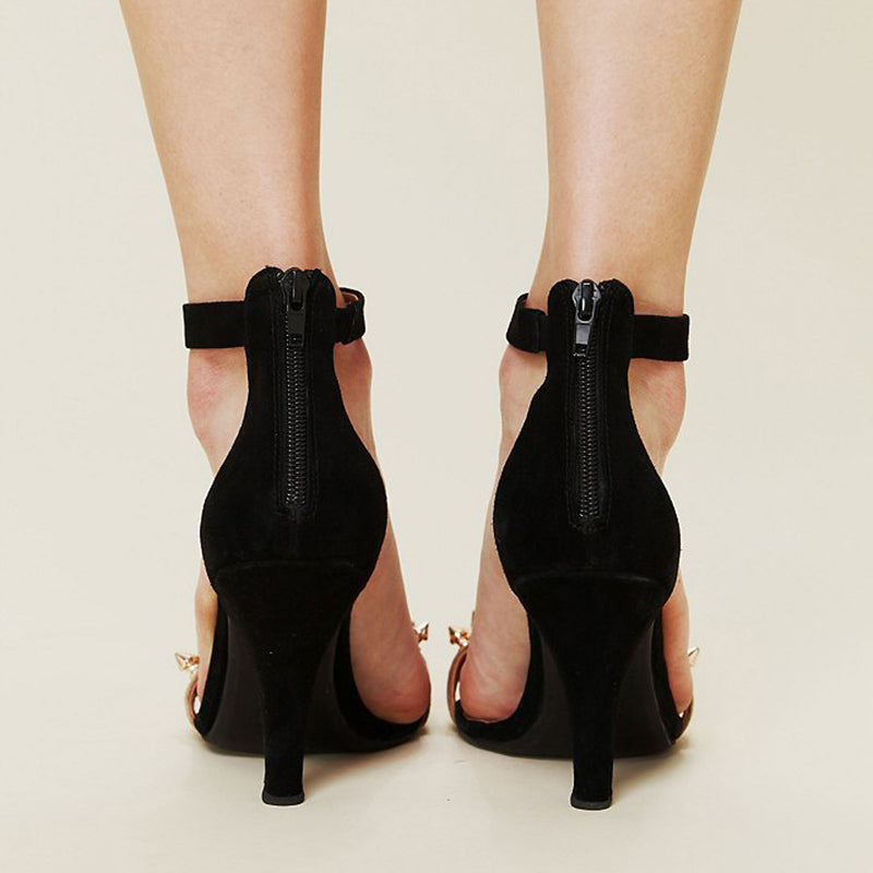 Black and Khaki Ankle Strap Heels Open Toe Rivets Embellished Sandals