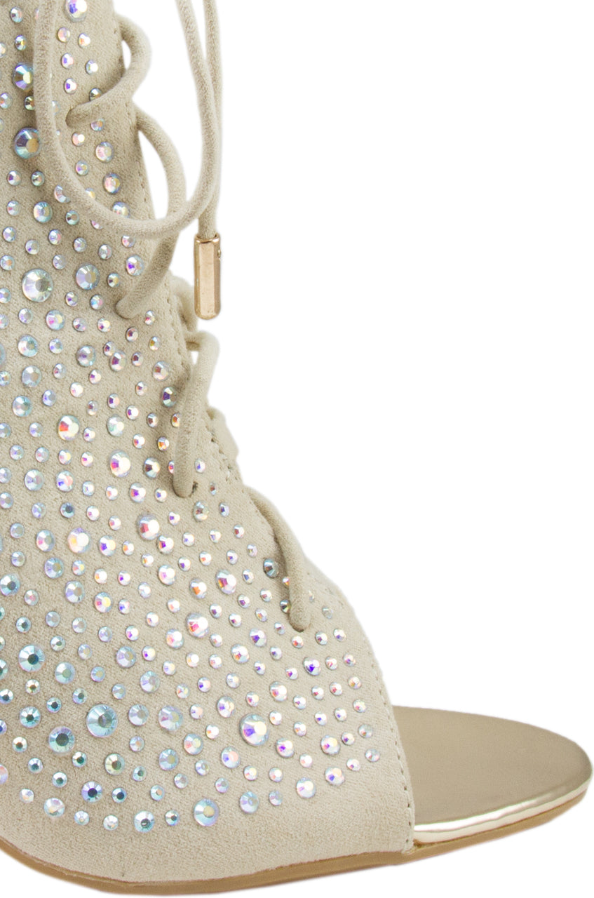 Beige Lace Up Peep Toe Rhinestone Ankle Boots for Women