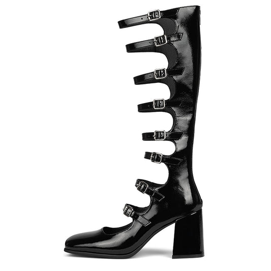 Black Closed Toe Block Heel Strappy Knee High Boots