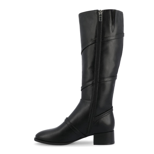 Black Buckle Strappy Round Toe Block Heel Knee High Boots for Women
