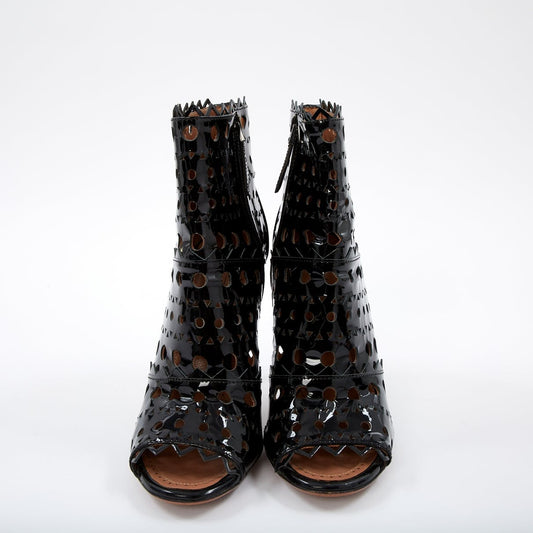 Black Patent Leather Hollow Out Peep Toe Stiletto Heel Ankle Boots