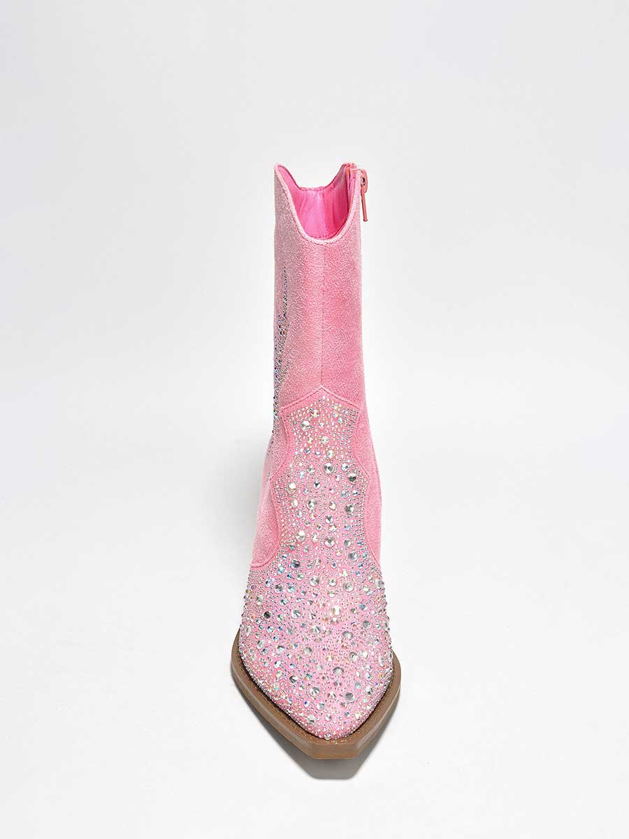 Pink Faux Suede Pointed Toe Rhinestone Embellished Heeled Cowgirl Ankle Boots