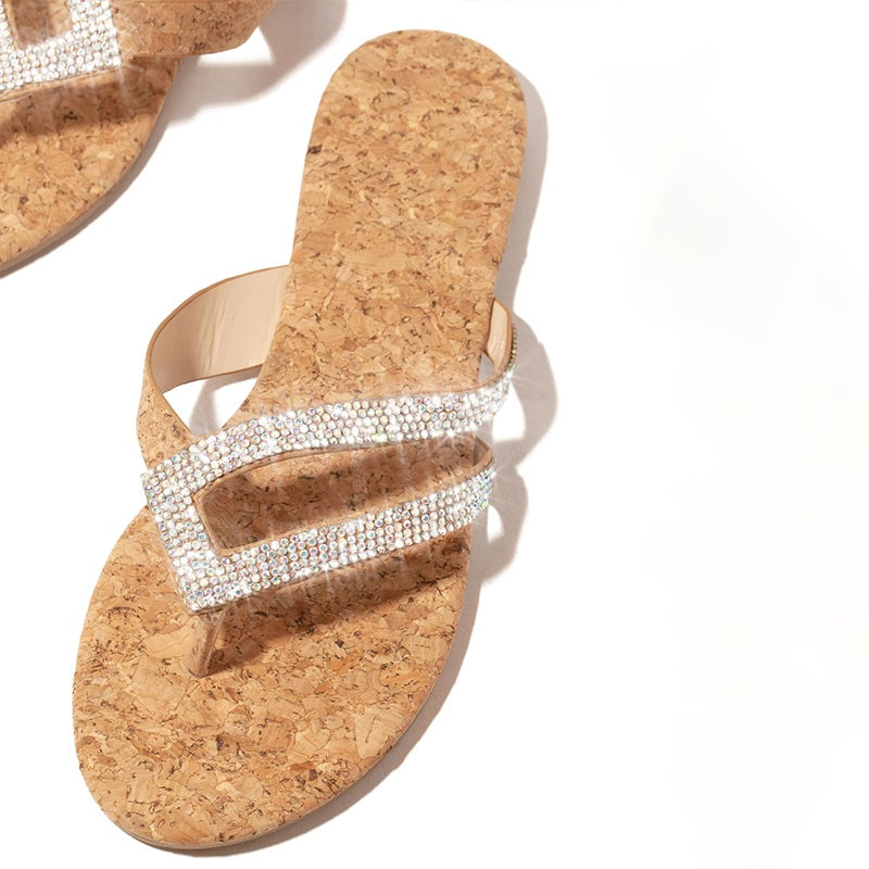 Cork Style Sandals Rhinestone Slide Flats