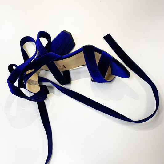 Midnight Blue Velvet Open Toe Elegant Strappy High Heel Sandals