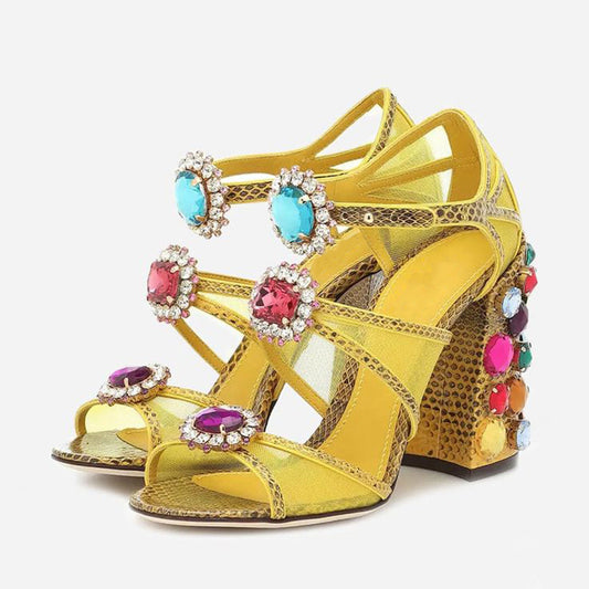 Yellow Snakeskin Triple Strap Multicolor Crystal Block Heel Sandals