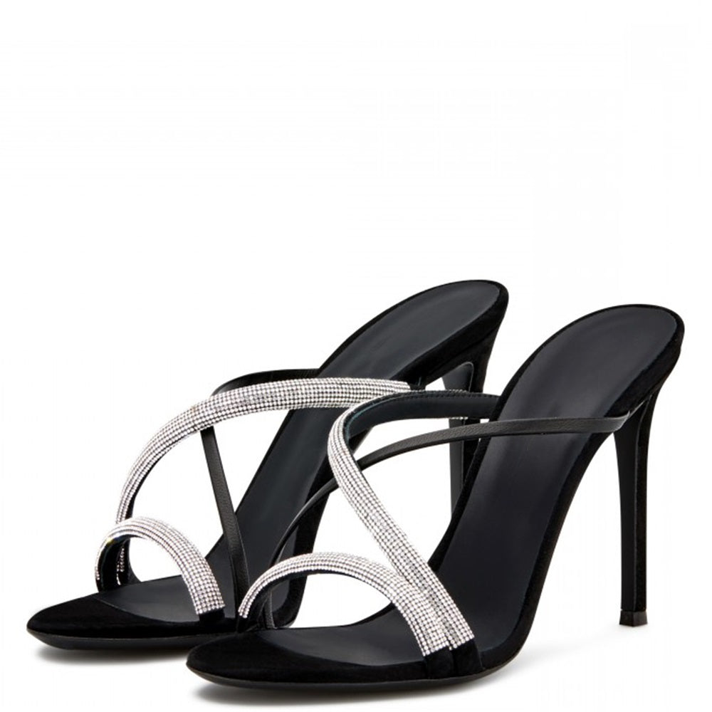 Women's Rhinestone Embellished Crisscross Straps Black High Heel Mules