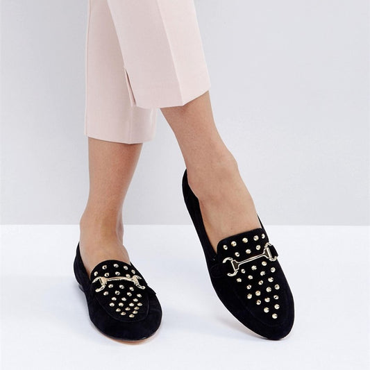 Black Vegan Suede Studded Flats Horsebit Loafers for Women