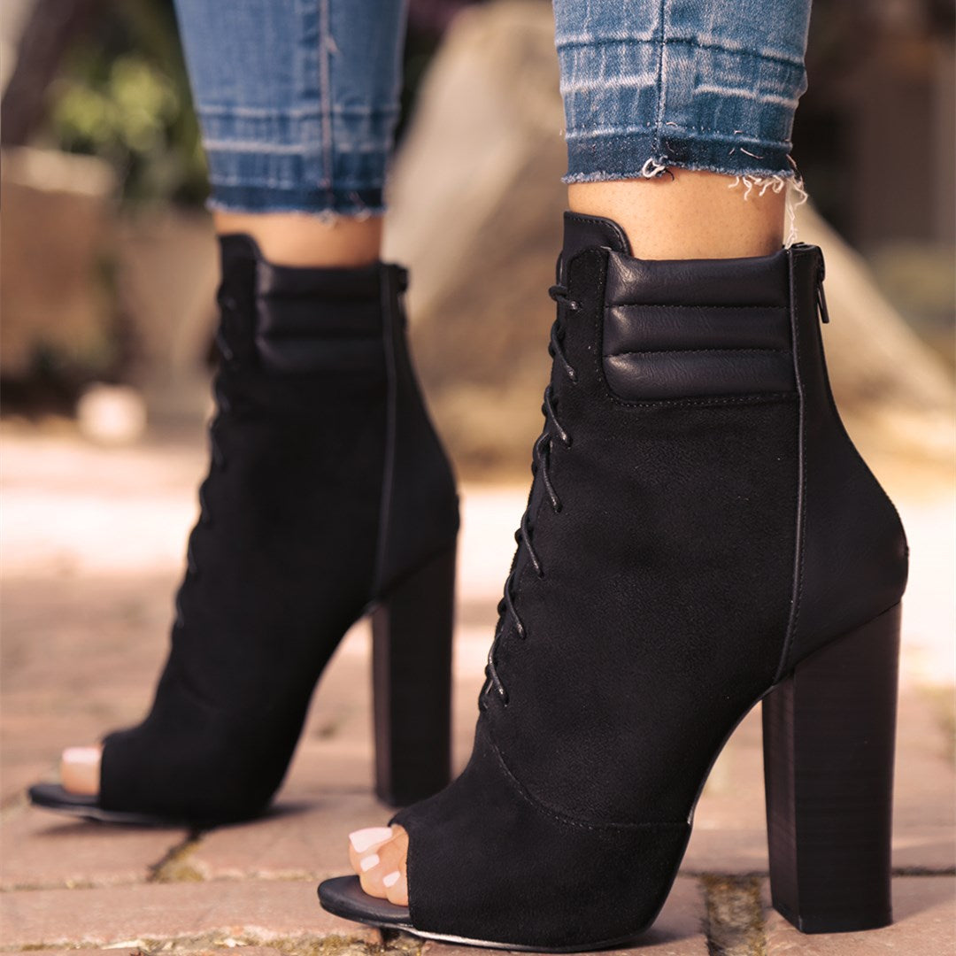 Black Peep Toe Vegan Suede Block Heel Lace-Up Ankle Boots
