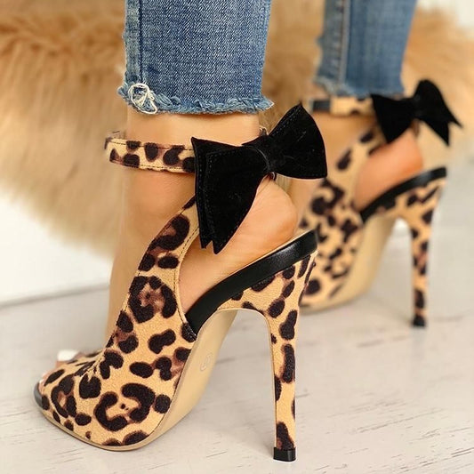 Women's Leopard Print Peep Toe Ankle Strap Bow Pumps Heels