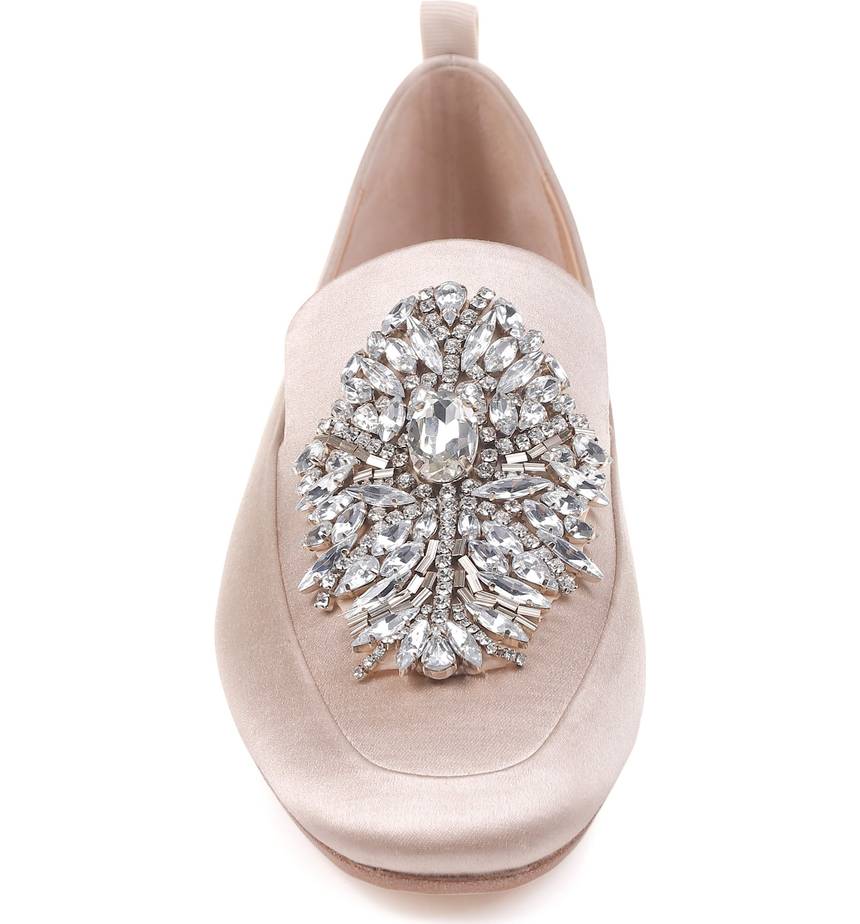 Pink Satin Flats Round Toe Rhinestone Loafers for Women