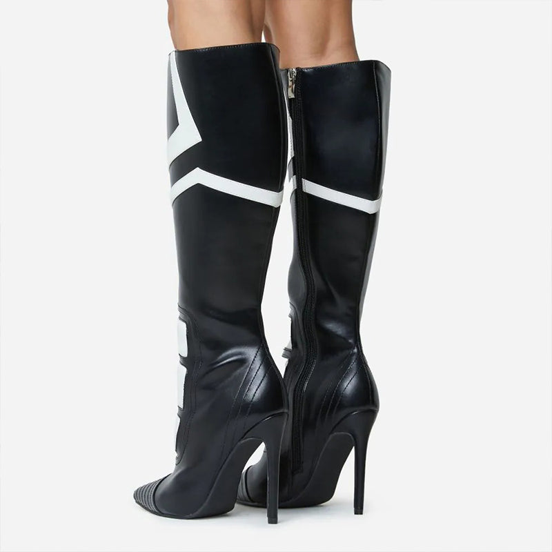 Black and White Moto-Inspired Stiletto Heel Women's Knee High Boots