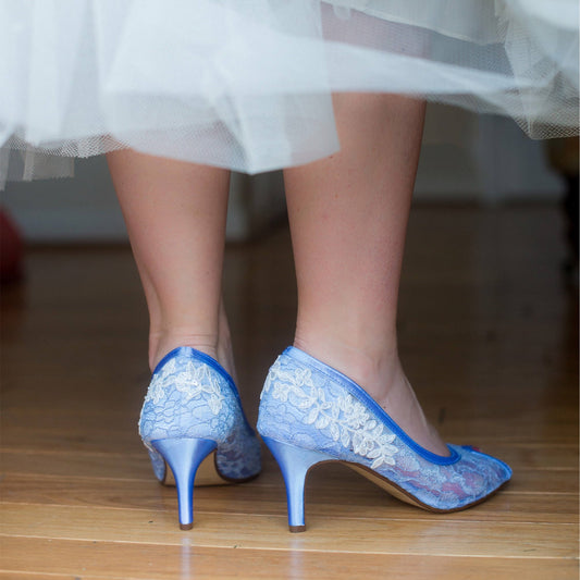 Blue Lace Bridal Shoes Peep Toe Kitten Heel Pumps