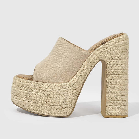 Beige Vegan Suede Peep Toe Chunky Heel Platform Mules