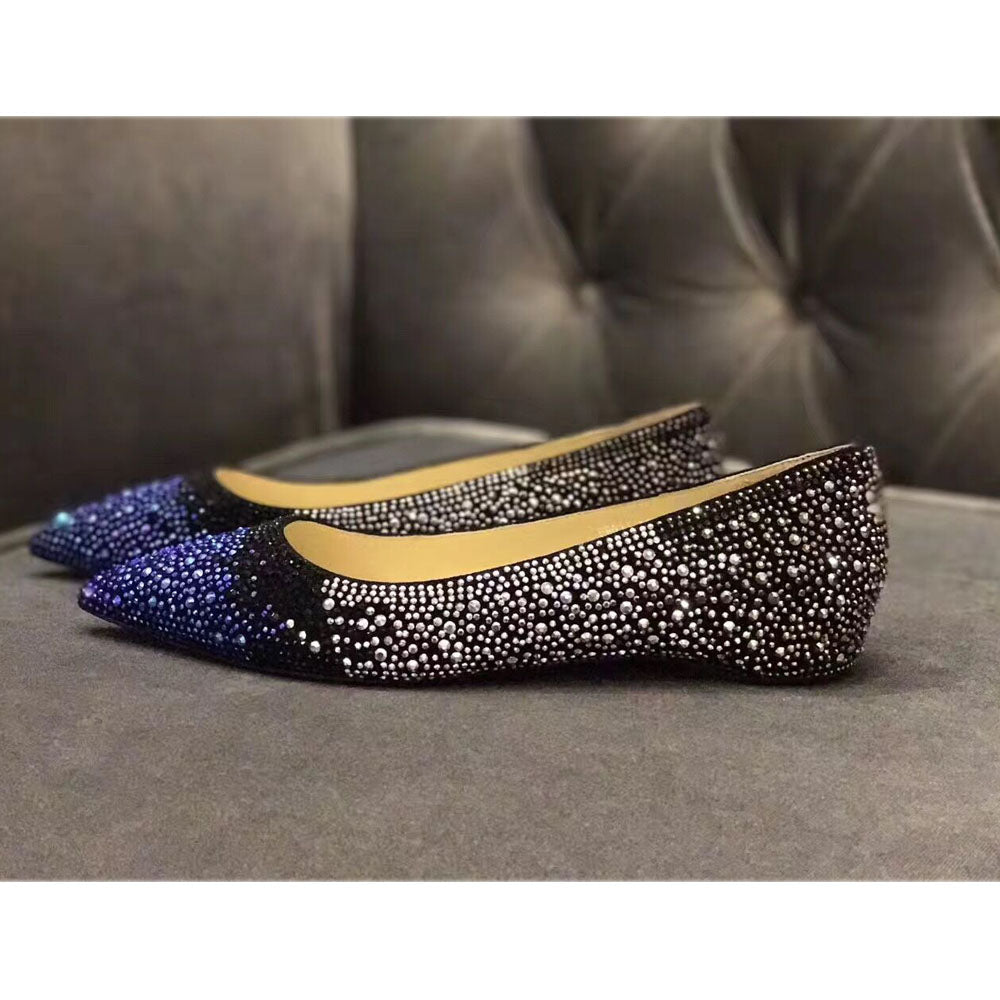 Purple and Black Pointy Toe Flats Rhinestone Vegan Suede Shoes