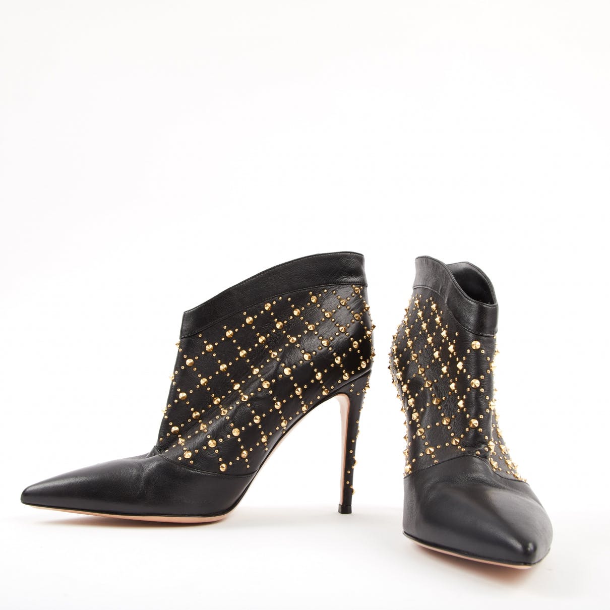 Black Pointed Toe Low Cut Stiletto Heel Ankle Boots with Gold Stud