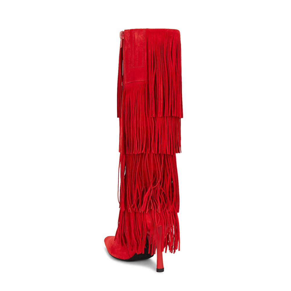 Red Vegan Suede Stiletto Fringe Detail Knee High Boots