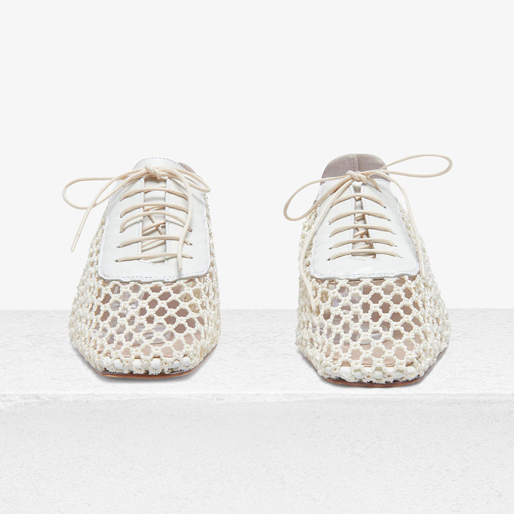 White Mesh Square Toe Woven Lace-Up Flat Shoes foe Women