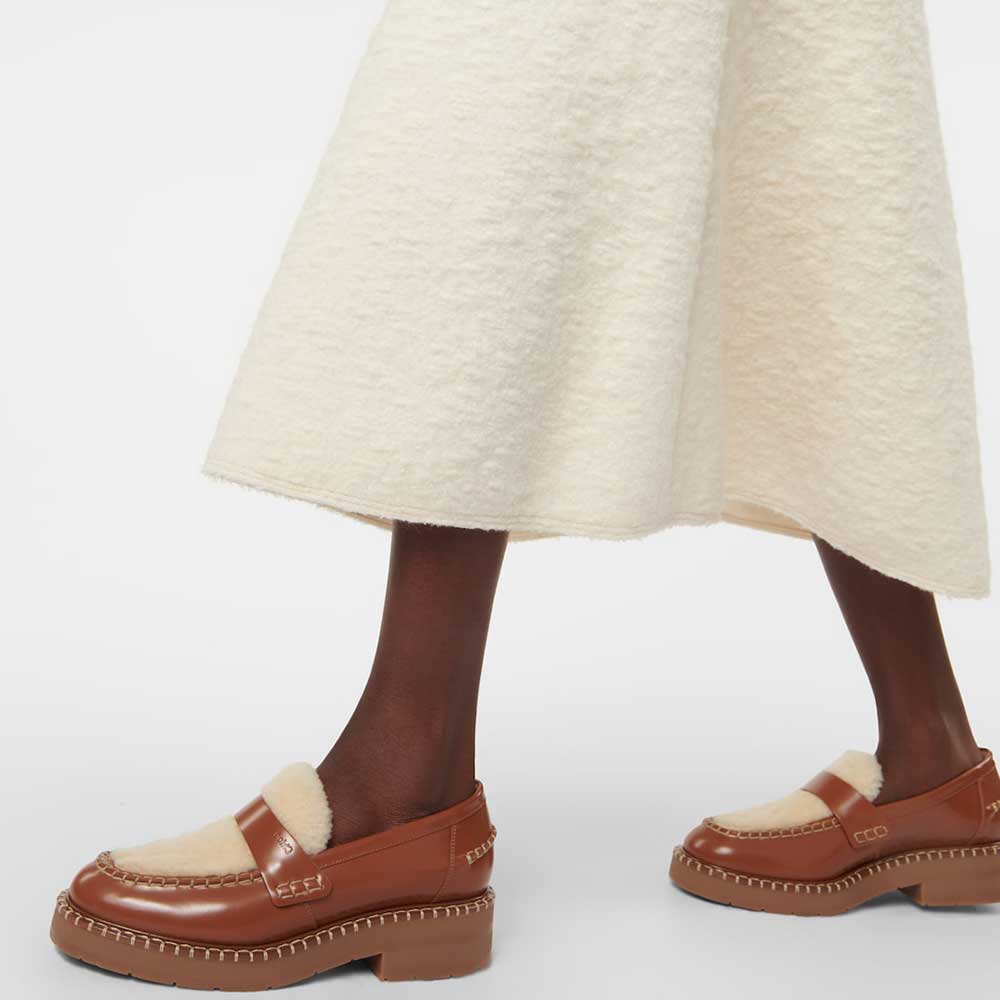 Brown Faux Fur Round Toe Chunky Heel Patchwork Loafers for Women