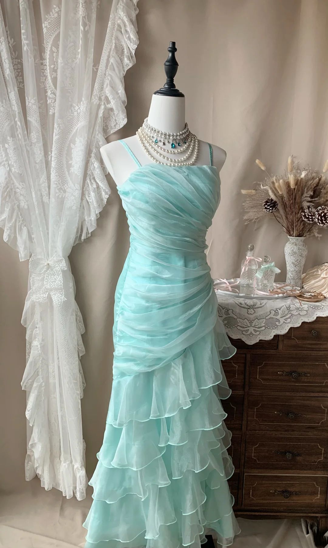 Vintage Mint Green Ruched Chiffon Mermaid Spaghetti Strap Tiered Ruffles Evening Gown TP5177