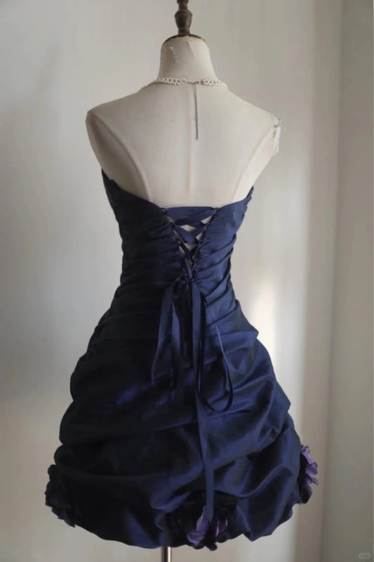 Vintage Navy Blue Sweetheart Design A-line Strapless Party Dresses Homecoming Dresses, TP3801