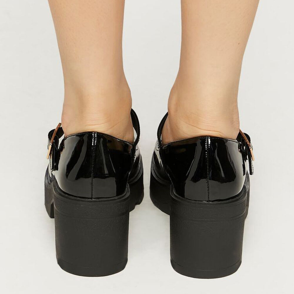 Black Patent Leather Closed Toe Chunky Heel Platform Loafers