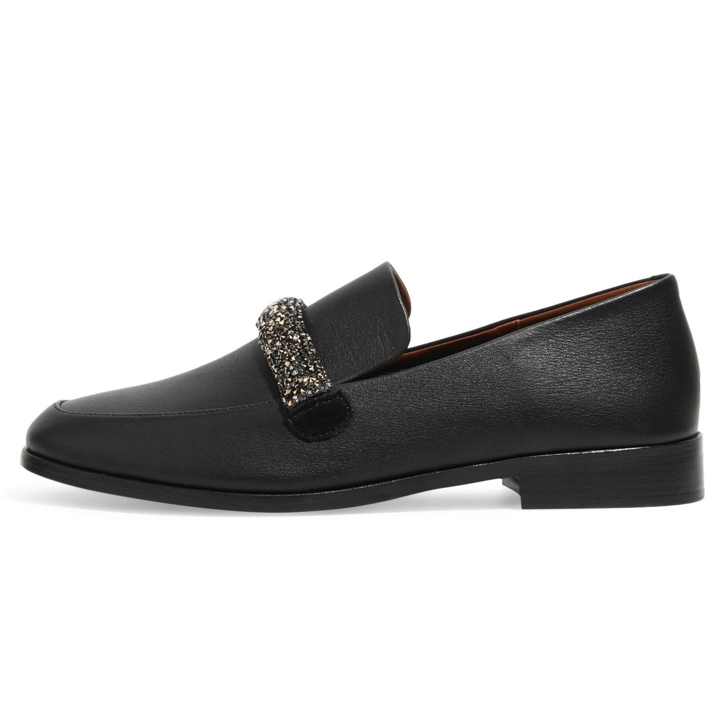 Black Square Toe Chunky Heel Women's Loafers with Rhinestone Strap